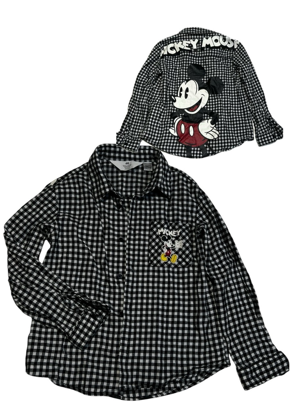 H&M Black White Checkered Mickey Mouse Button-Down Shirt boys 7Y‎